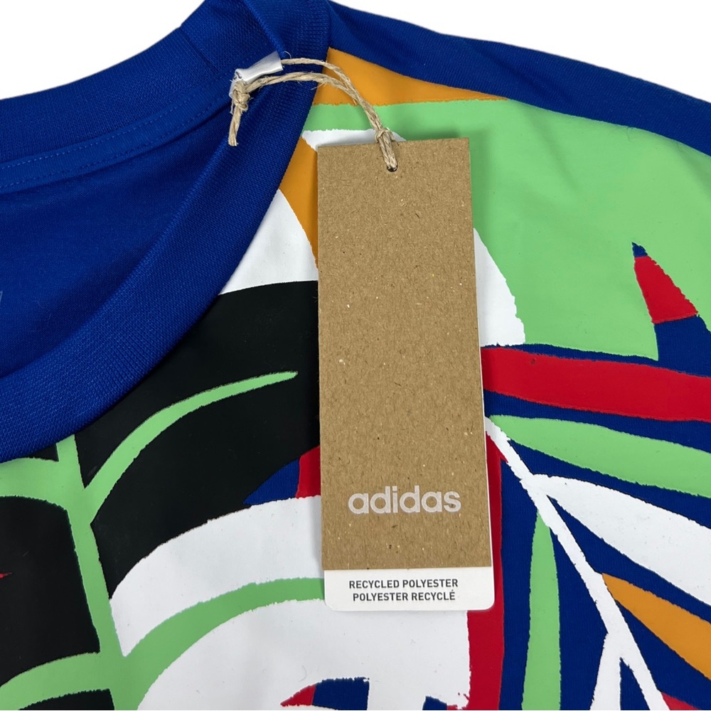 Adidas x Farm Rio Shirt Women Large Blue Tropical Short Sleeve Crop Pullover NWT - Picture 10 of 13